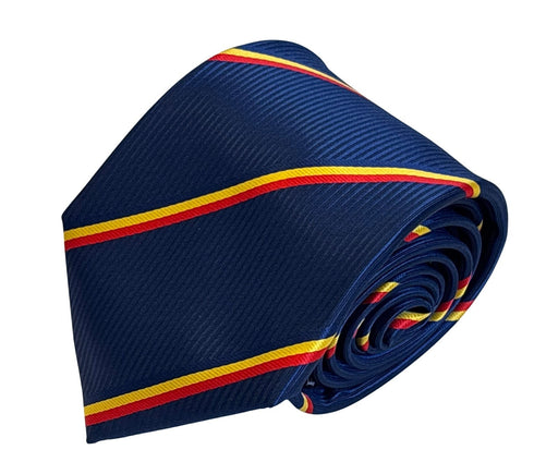 navy dark blue tie with a red and yellow stripe design